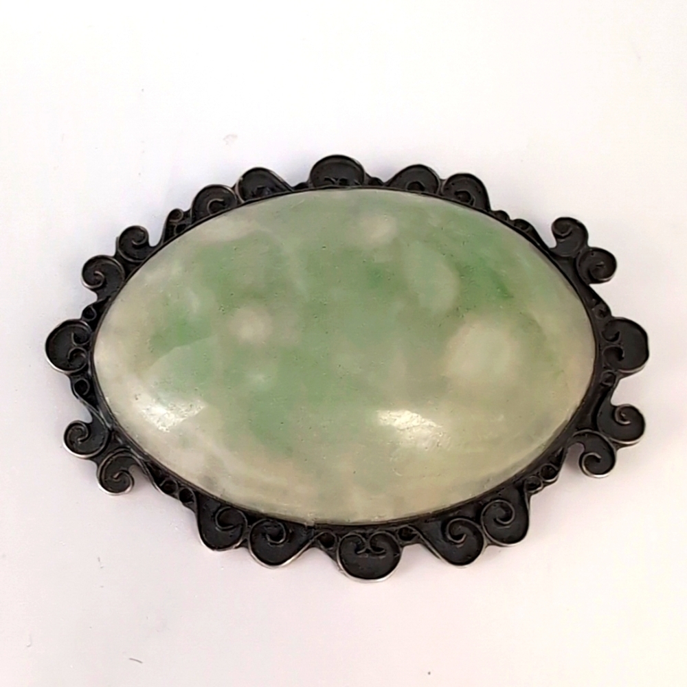 Vintage Sterling Silver Oval Cabochon Green Stone Agate ? Brooch Pin - Mexico - Picture 11 of 11